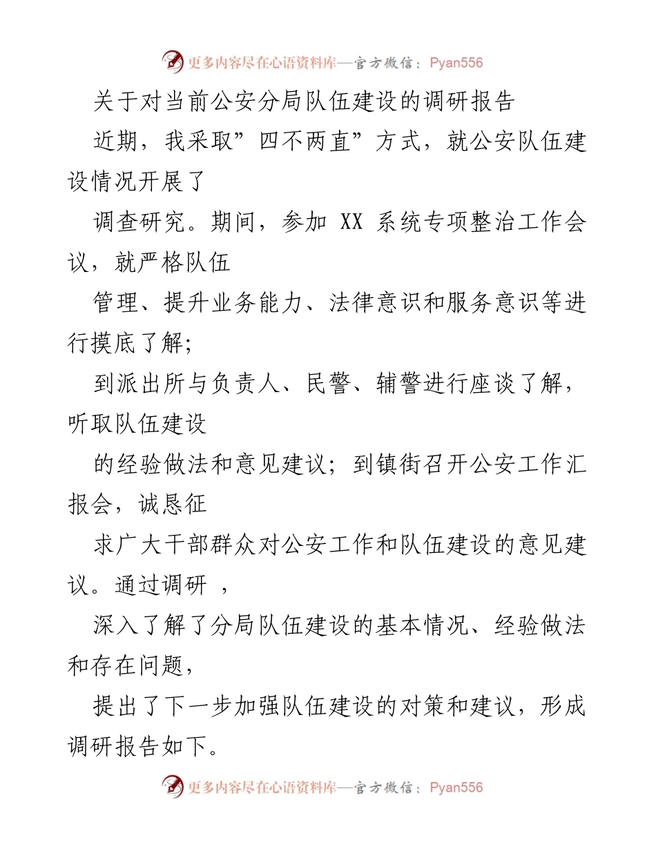 [调研报告] 公安分局 - 当前公安队伍建设调研与改进建议.docx_第1页
