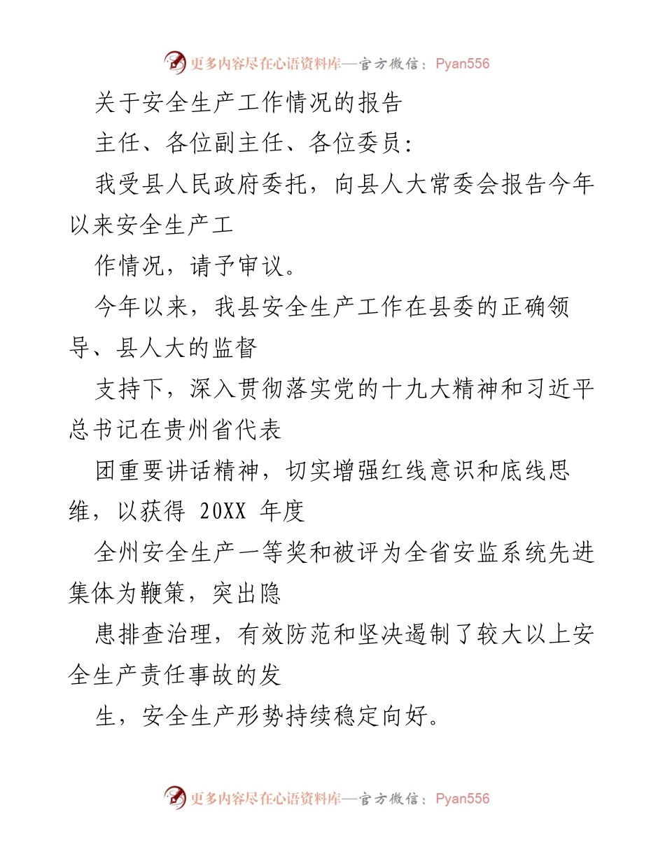 [报告] 人大常委会会议 - 安全生产工作情况报告.docx_第1页