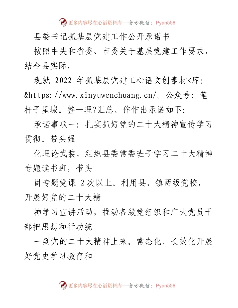 [承诺书] 基层党建工作 - 县委书记关于2022年基层党建工作的公开承诺.docx_第1页