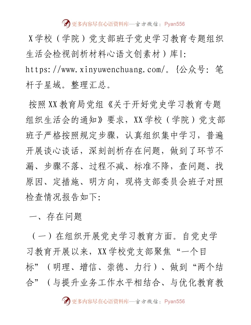 0820X学校（学院）党支部班子党史学习教育专题组织生活会检视剖析材料.docx_第1页