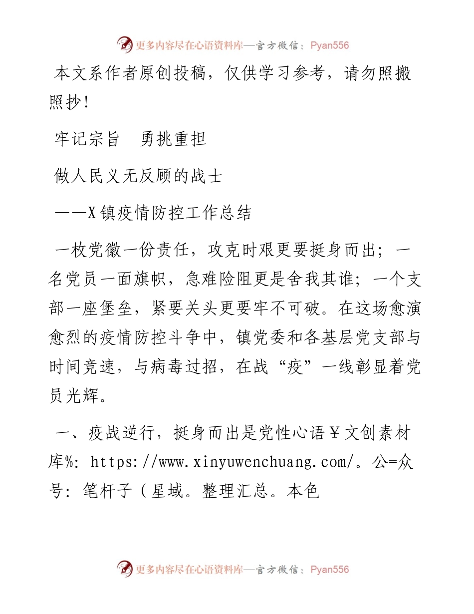 032303牢记宗旨勇挑重担做人民义无反顾的战士乡镇疫情防控工作总结.docx_第1页