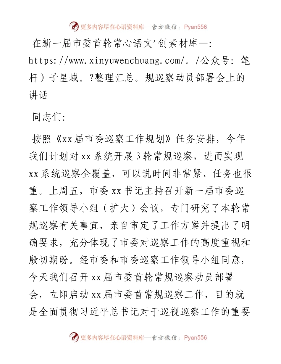 021528：在新一届市委首轮常规巡察动员部署会上的讲话.docx_第1页