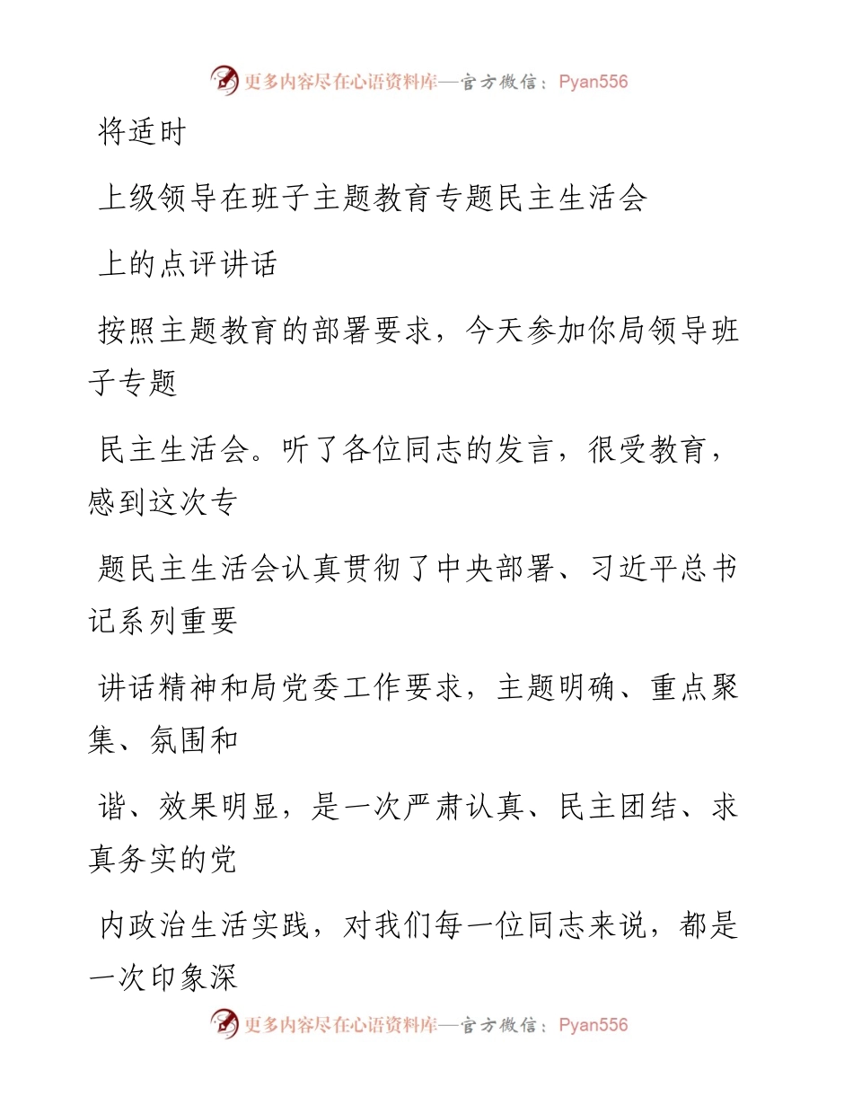 0816笔友分享上级领导在班子主题教育专题民主生活会上的点评讲话.docx_第1页