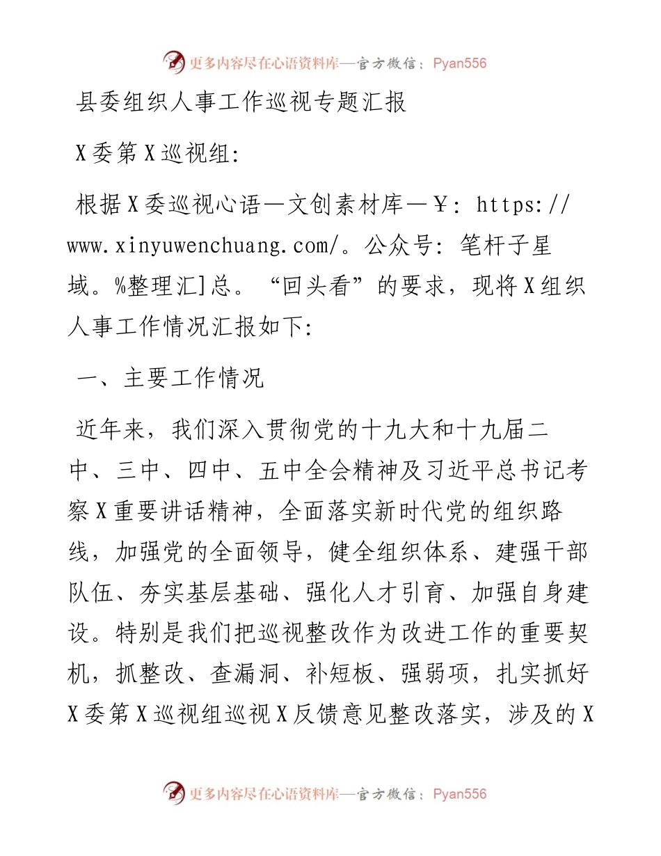 072903XXX组织人事工作巡视专题汇报.docx_第1页