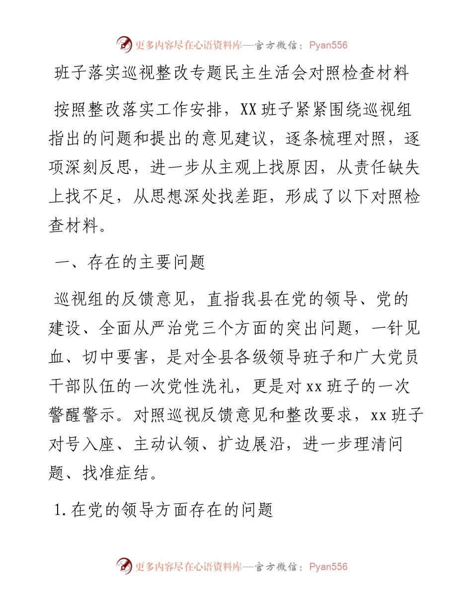0821班子落实巡视整改专题民主生活会对照检查材料.docx_第1页