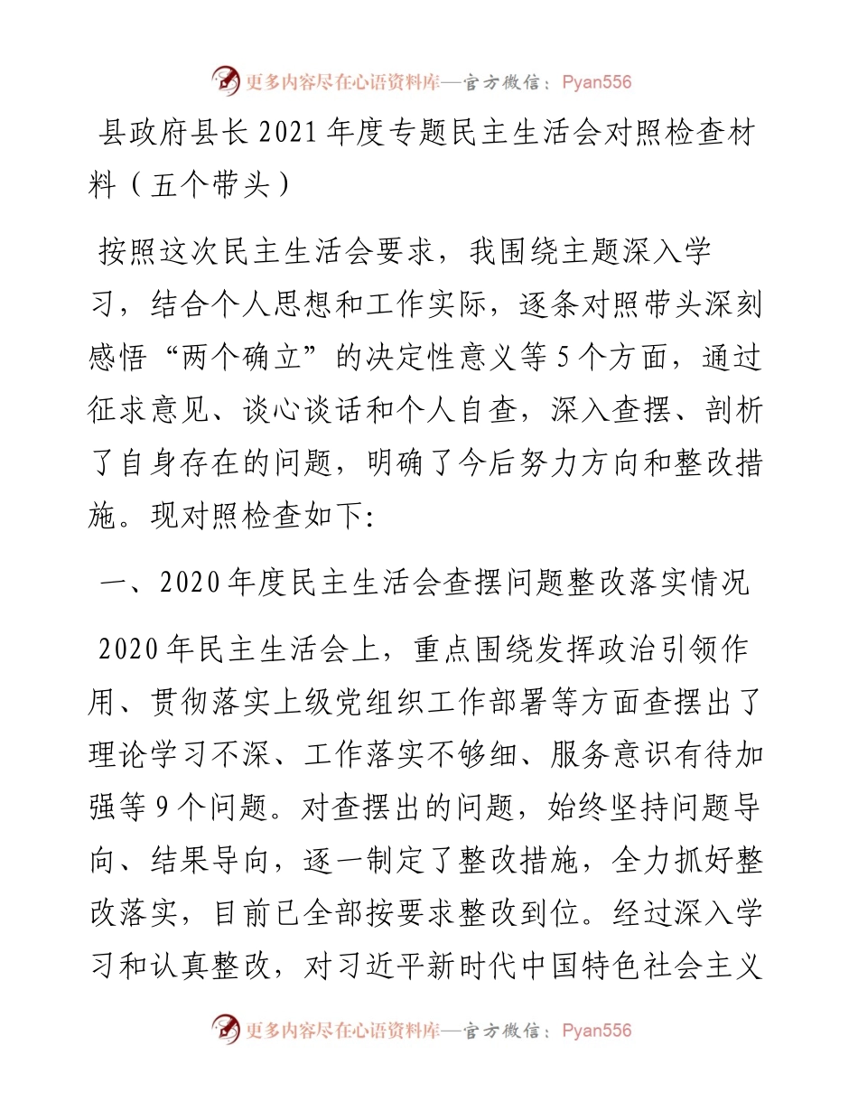 012124：县政府县长度专题民主生活会对照检查材料（五个带头）.docx_第1页