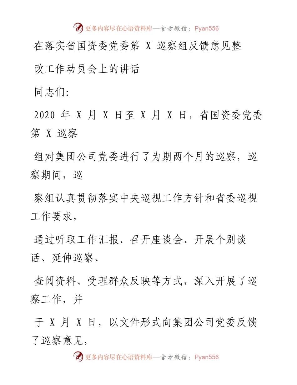 0816笔友分享在落实省国资委党委第X巡察组反馈意见整改工作动员会上的讲话.docx_第1页
