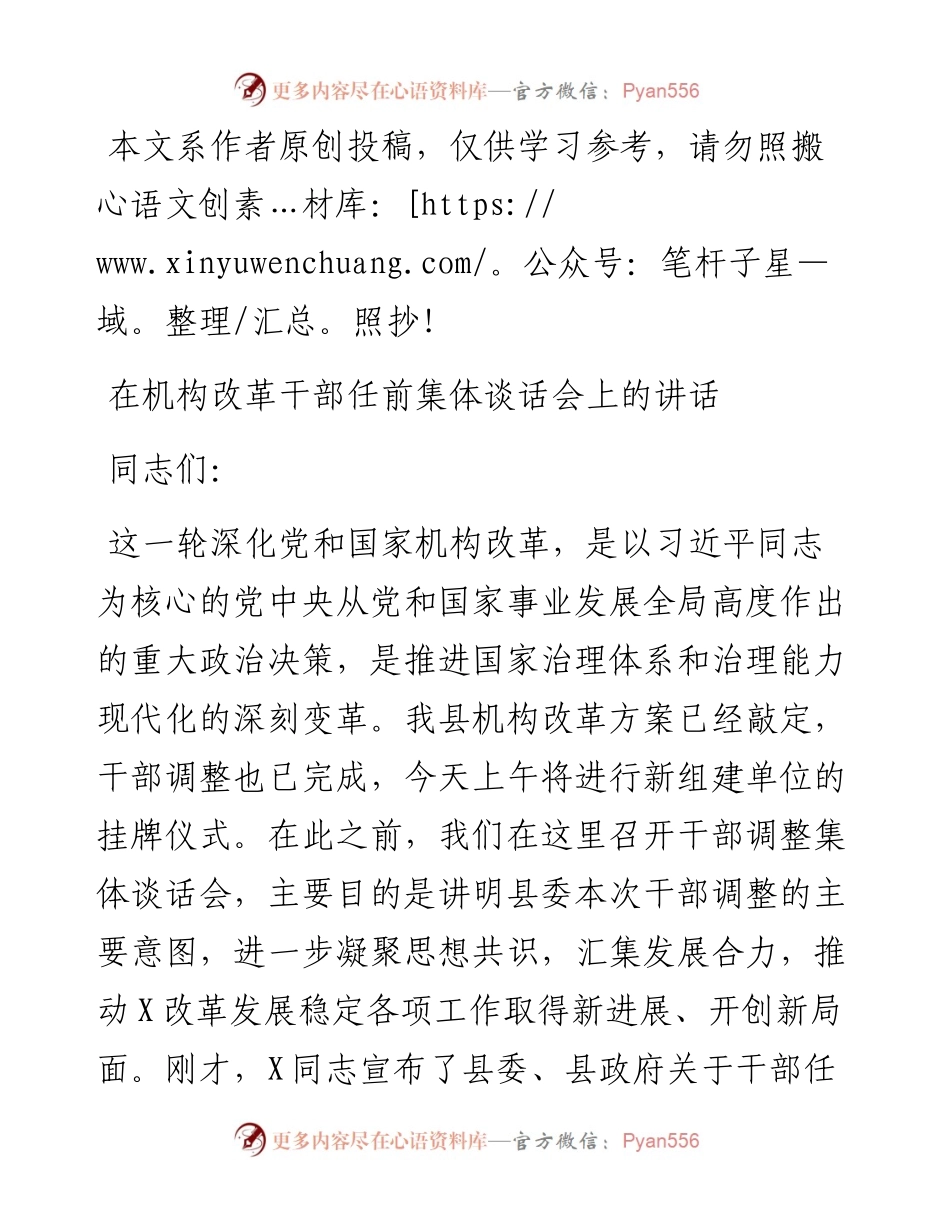 0221在机构改革干部任前集体谈话会上的讲话（范文）.docx_第1页