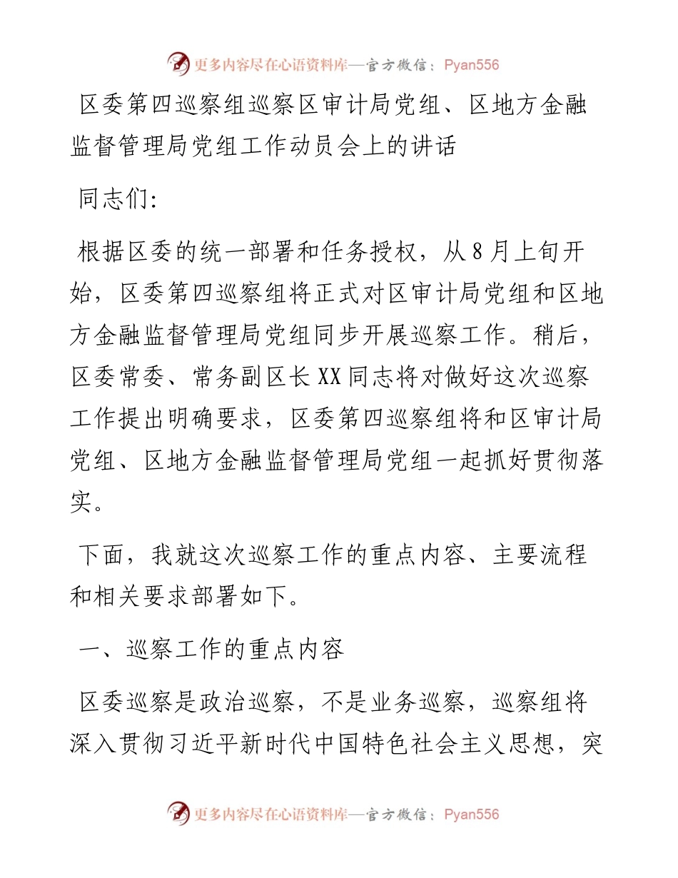 0101区委第四巡察组巡察区审计局党组区地方金融监督管理局党组工作动员会上的讲话.docx_第1页