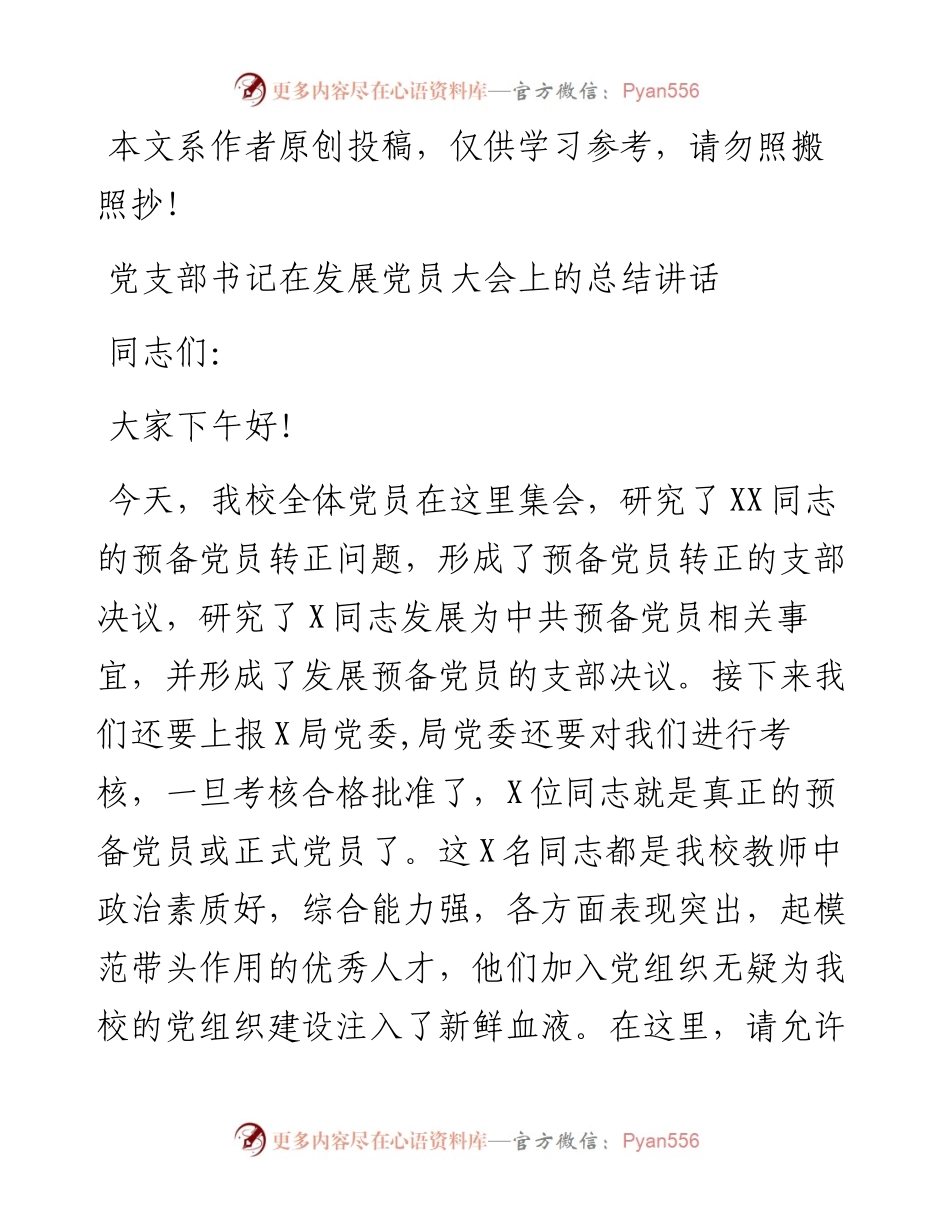 090601党支部书记在发展党员大会上的总结讲话.docx_第1页
