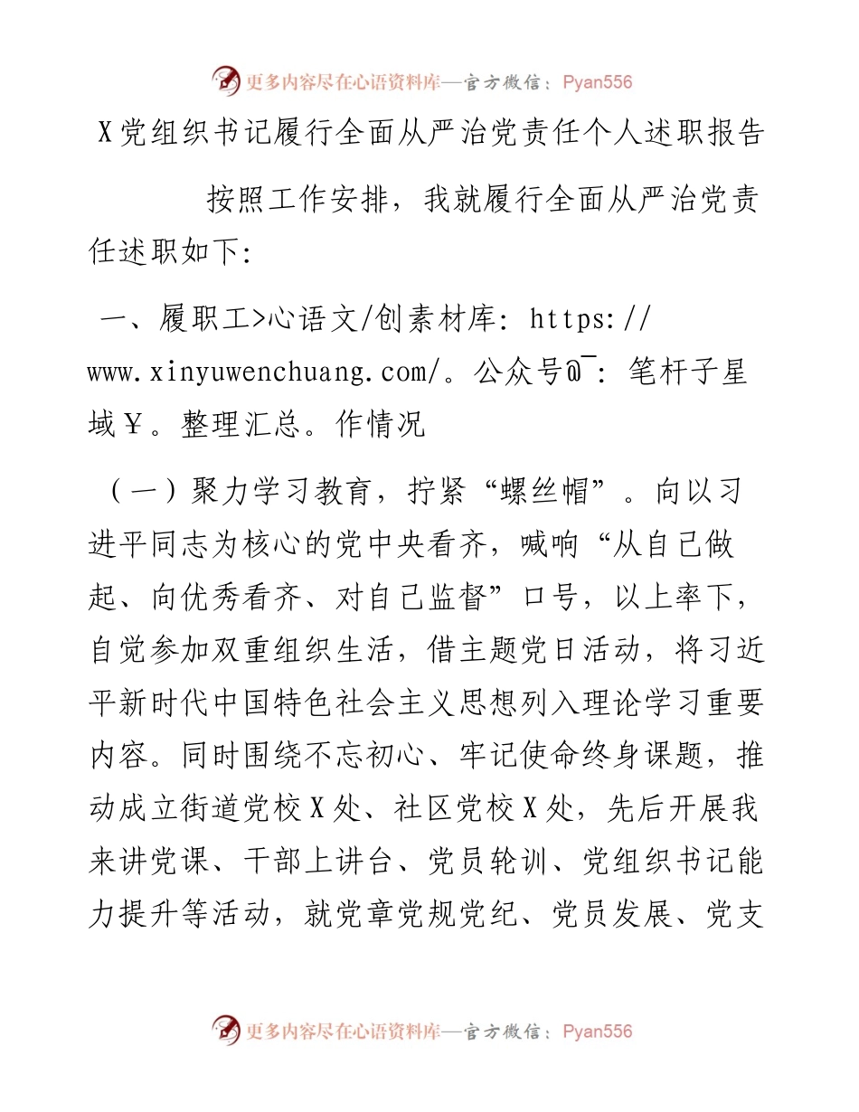 0105X党组织书记履行全面从严治党责任个人述职报告.docx_第1页
