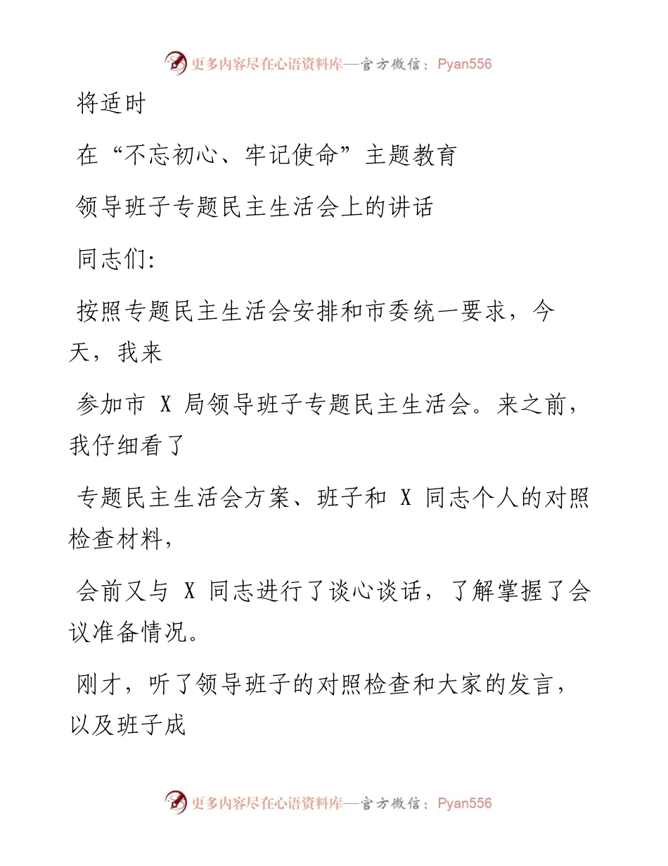 0814笔友分享在不忘初心牢记使命主题教育领导班子专题民主生活会上的讲话.docx_第1页