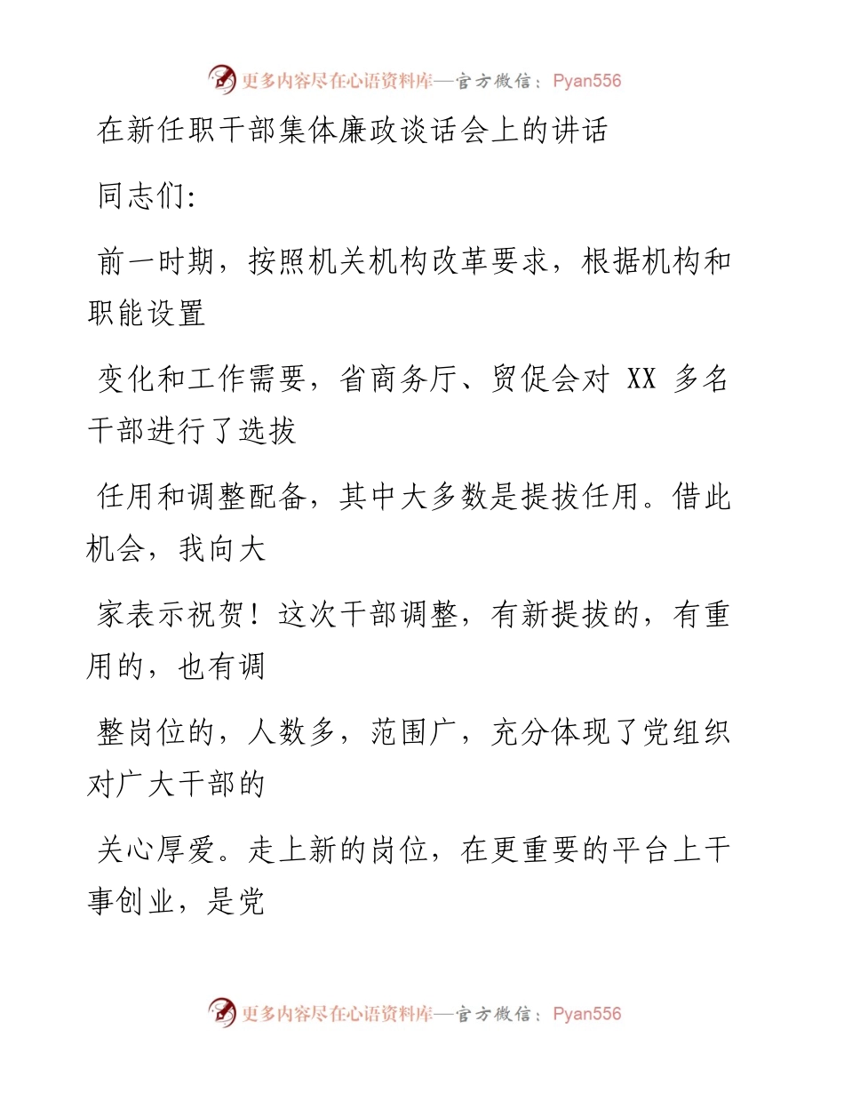 0411笔友分享在新任职干部集体廉政谈话会上的讲话.docx_第1页