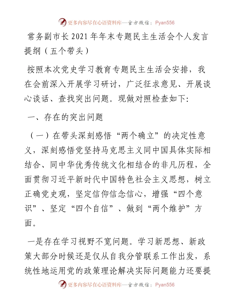 011935：常务副市长年末专题民主生活会个人发言提纲（五个带头）.docx_第1页