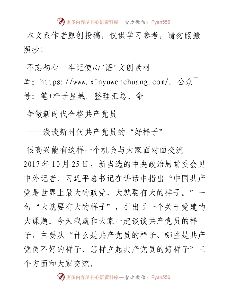 0505不忘初心主题教育党课：浅谈新时代共产党员的“好样子”（含PPT）.docx_第1页