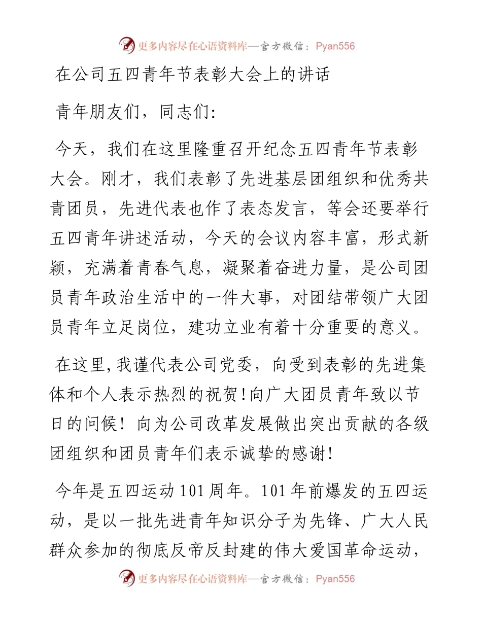 041008在公司五四青年节表彰大会上的讲话.docx_第1页