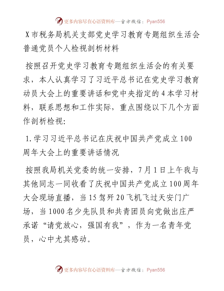 0818X市税务局机关支部党史学习教育专题组织生活会普通党员个人检视剖析材料.docx_第1页