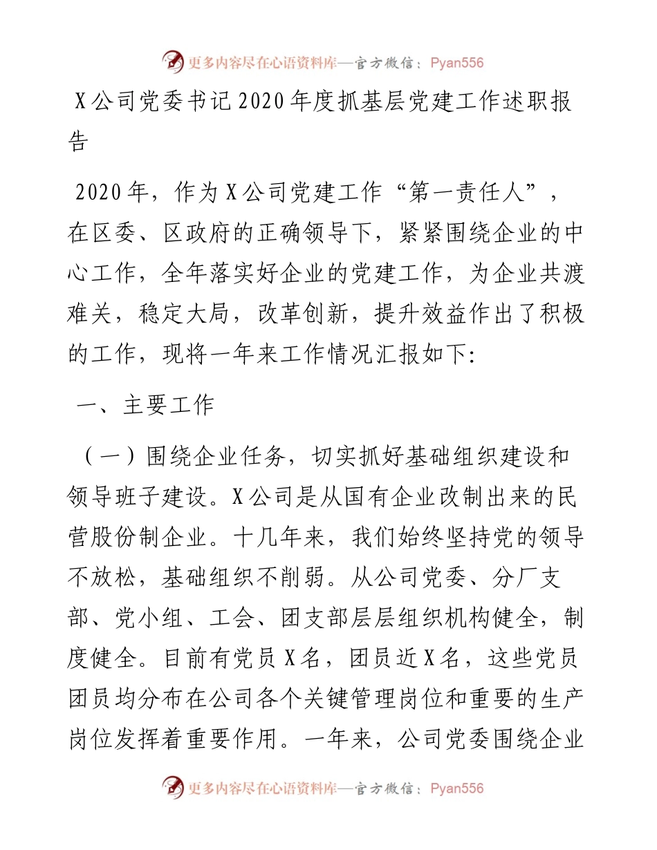 0106X公司党委书记度抓基层党建工作述职报告.docx_第1页