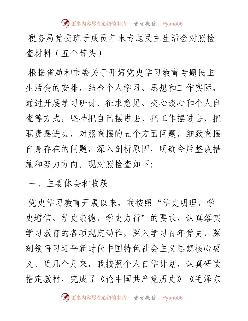 011313：税务局党委班子成员年末专题民主生活会对照检查材料（五个带头）.docx_第1页