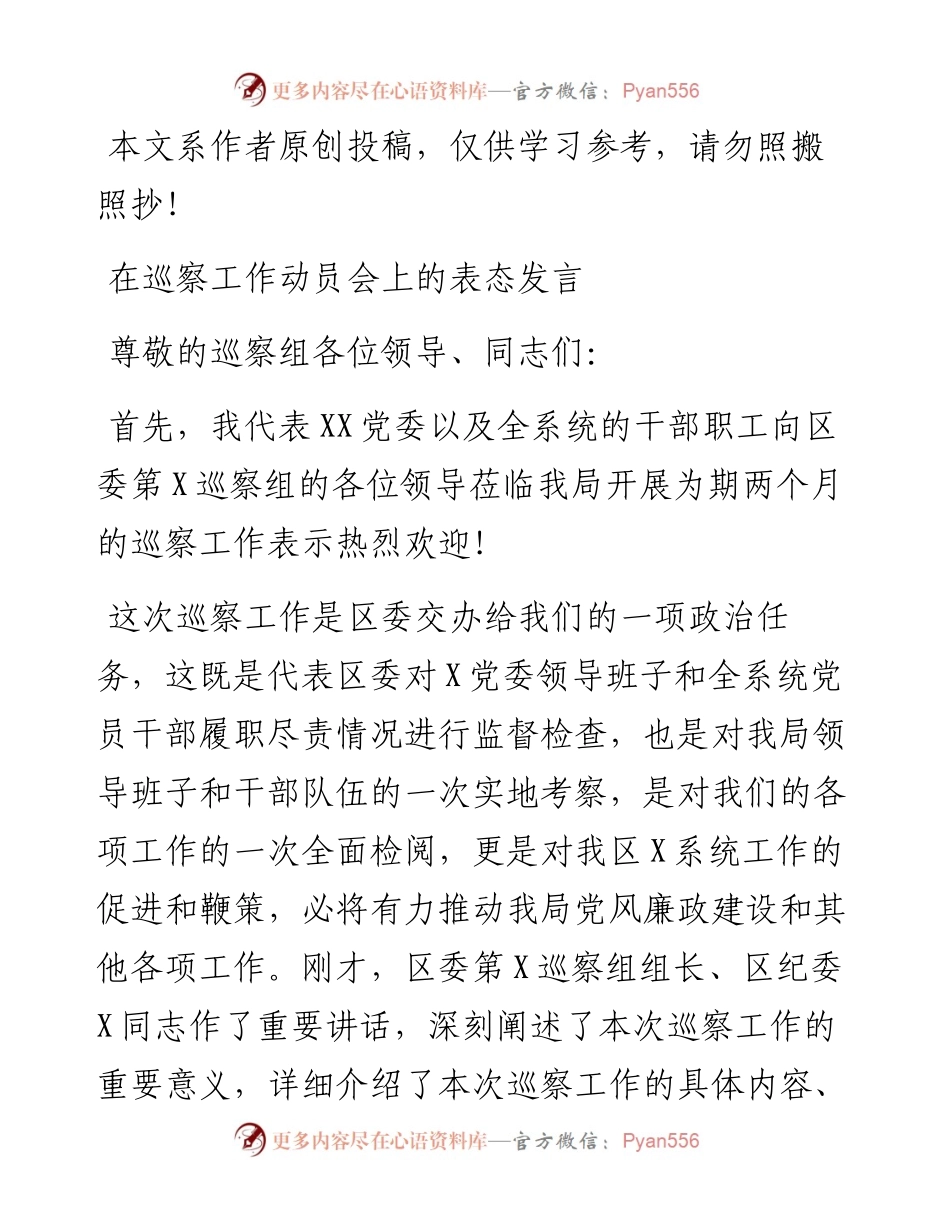 03065-在巡察工作动员会上的表态发言.docx_第1页