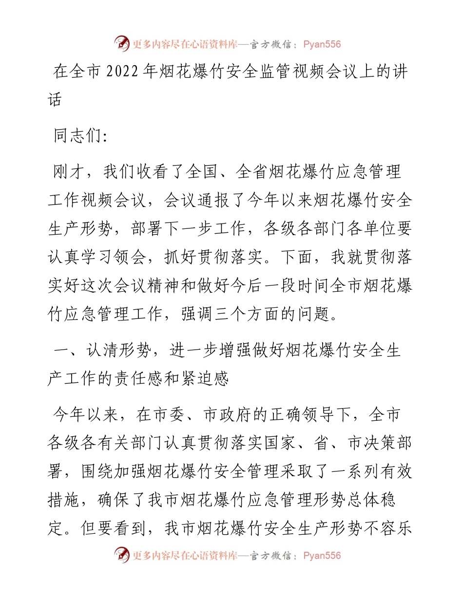 012625：在全市烟花爆竹安全监管视频会议上的讲话.docx_第1页