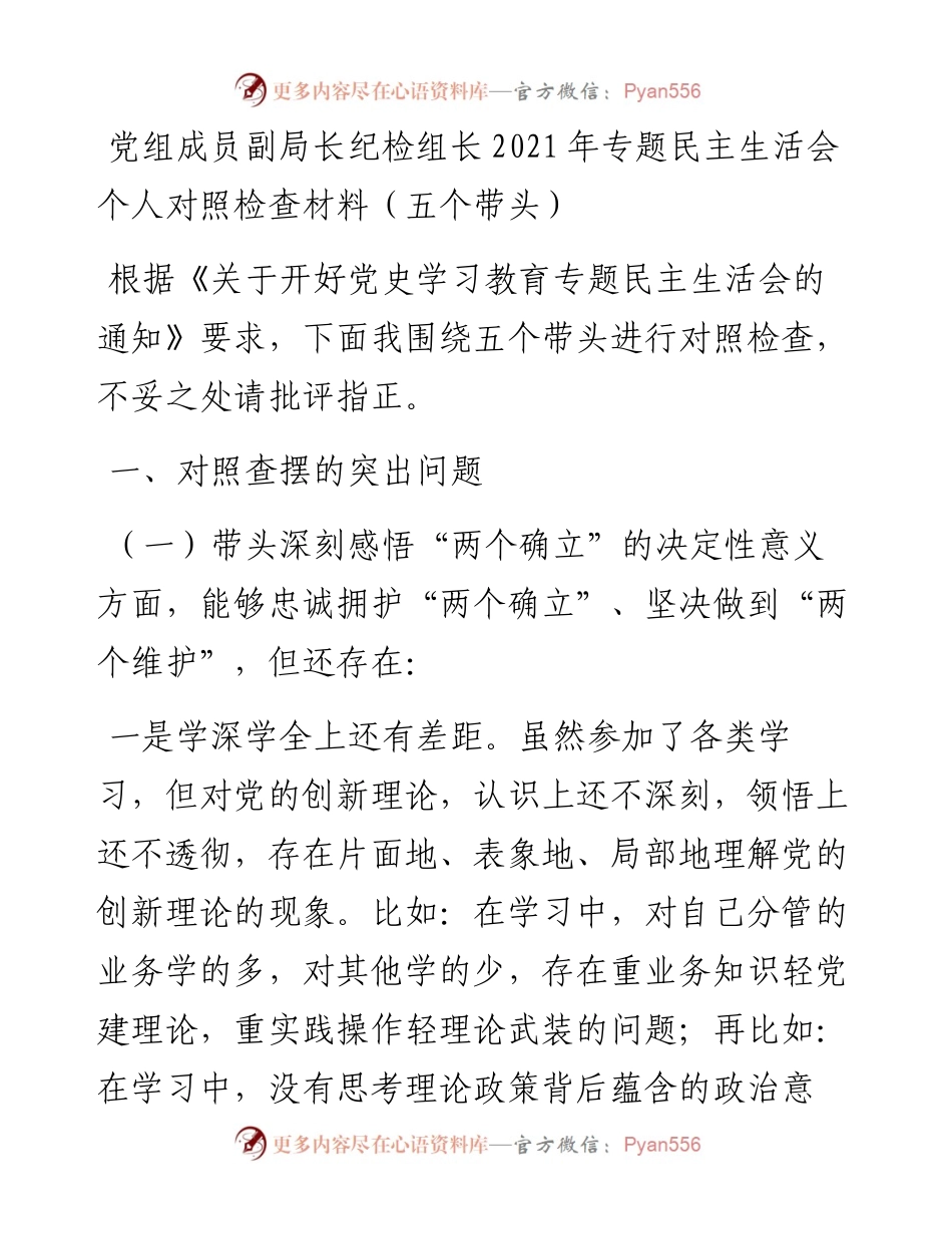 012115：党组成员副局长纪检组长专题民主生活会个人对照检查材料（五个带头）.docx_第1页