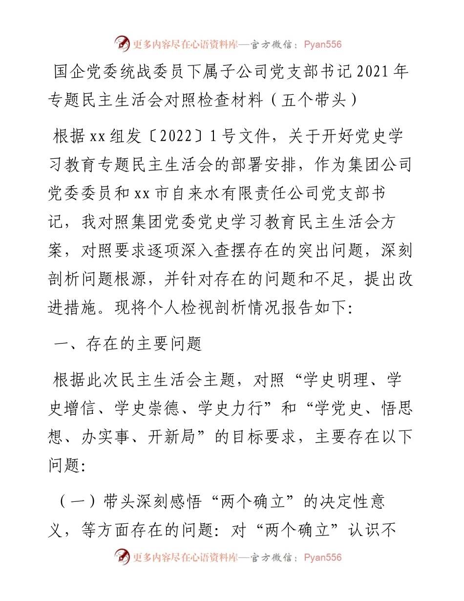 020815：国企党委统战委员下属子公司党支部书记专题民主生活会对照检查材料（五个带头）.docx_第1页