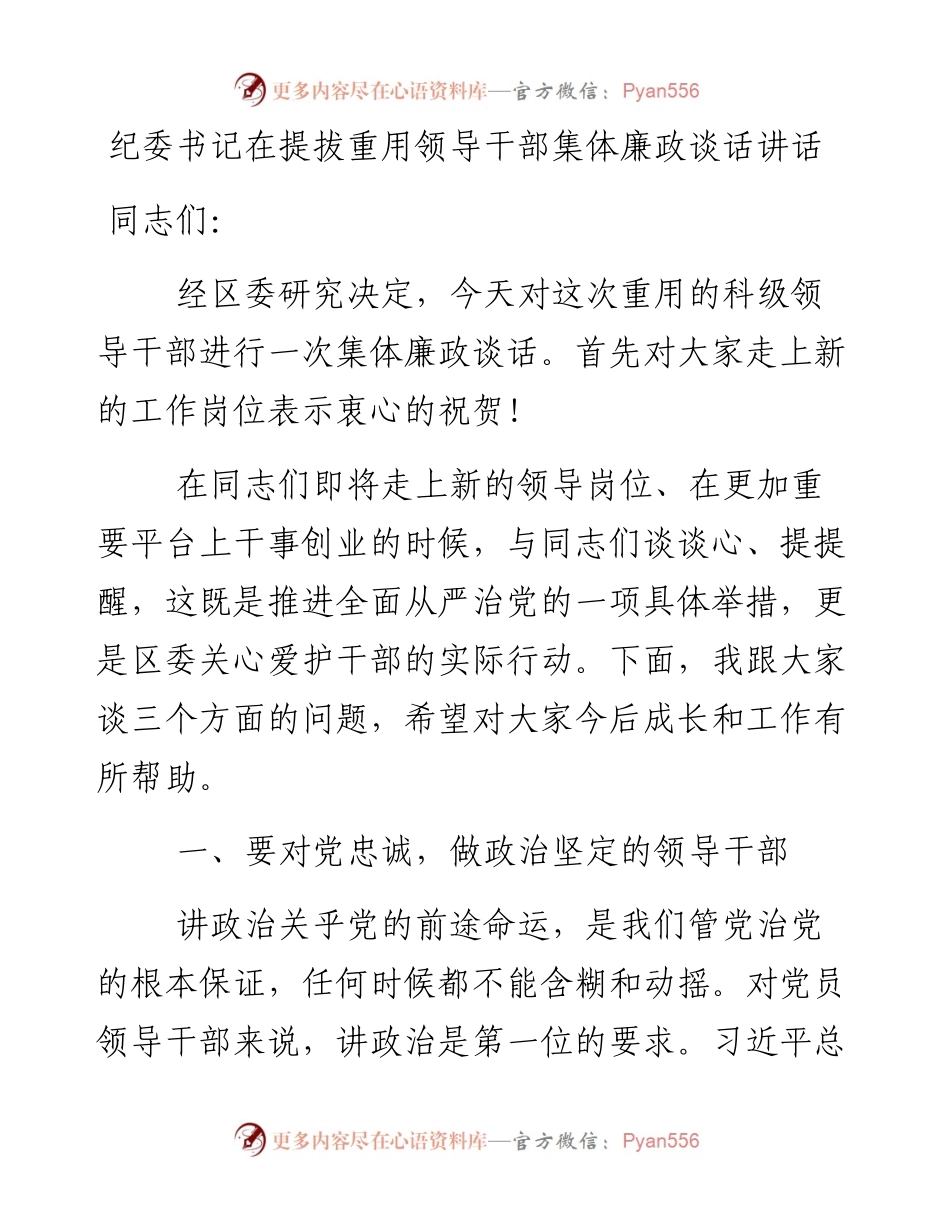 0131纪委书记在提拔重用领导干部集体廉政谈话讲话.docx_第1页