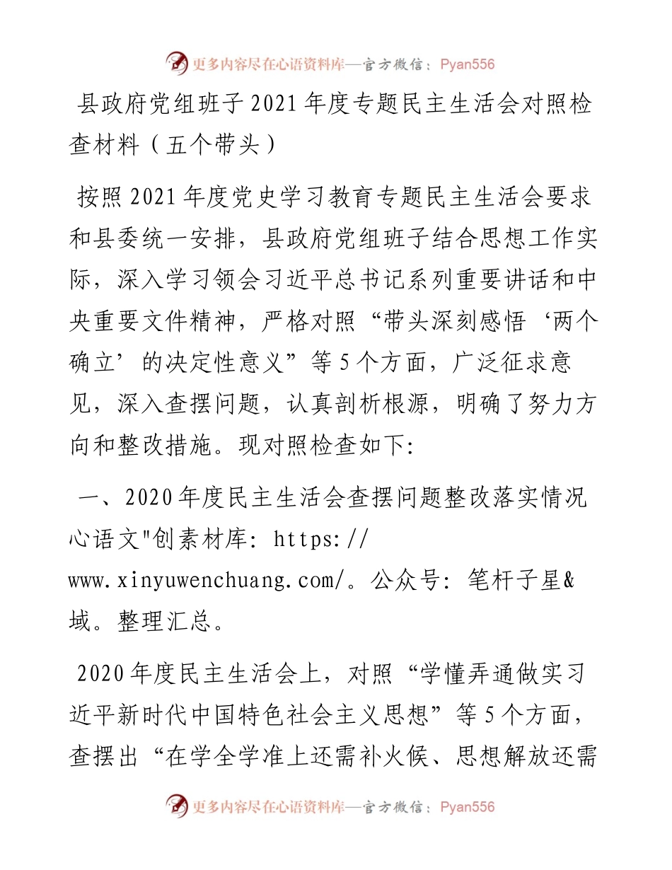 012123：县政府党组班子度专题民主生活会对照检查材料（五个带头）.docx_第1页