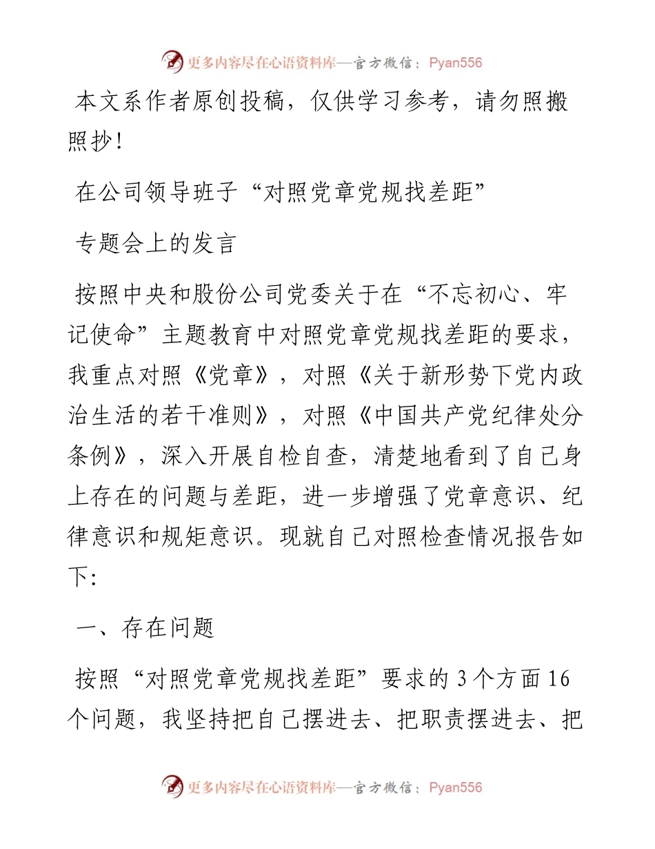 081003对照党章党规找差距专题会发言材料.docx_第1页