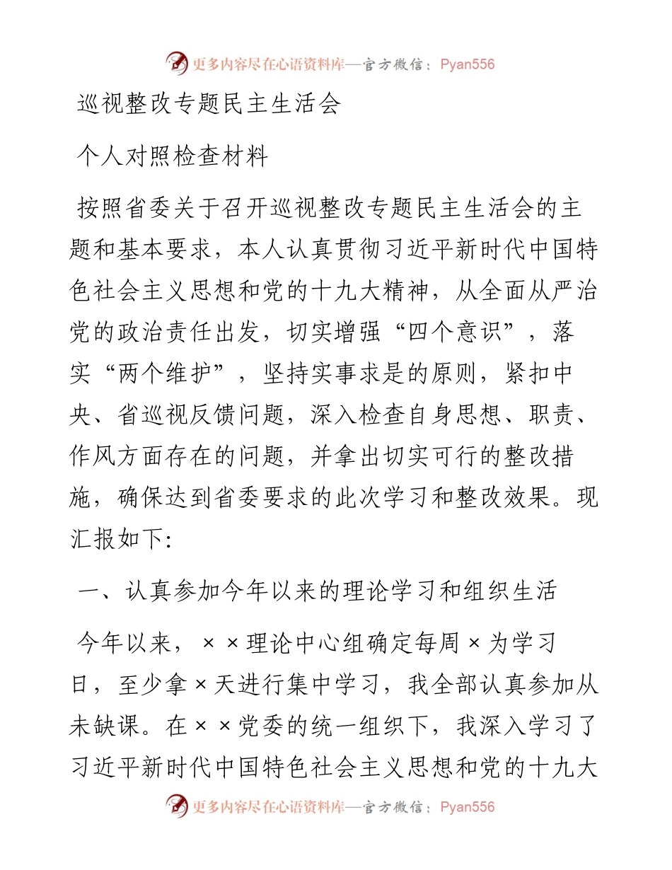 093、巡视整改专题民主生活会个人对照检查材料.docx_第1页