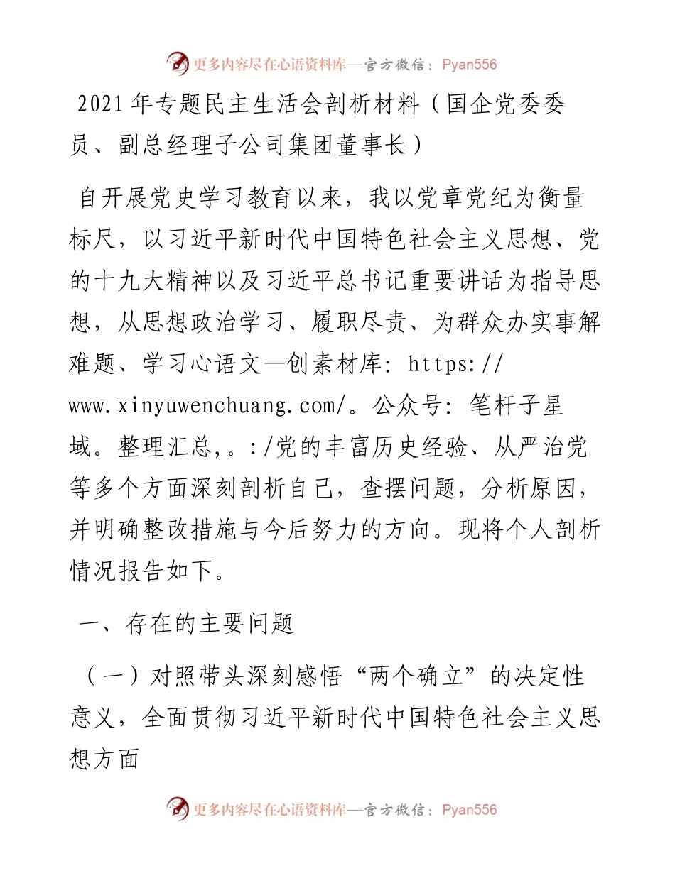 020838：专题民主生活会剖析材料（国企党委委员、副总经理子公司集团董事长）.docx_第1页