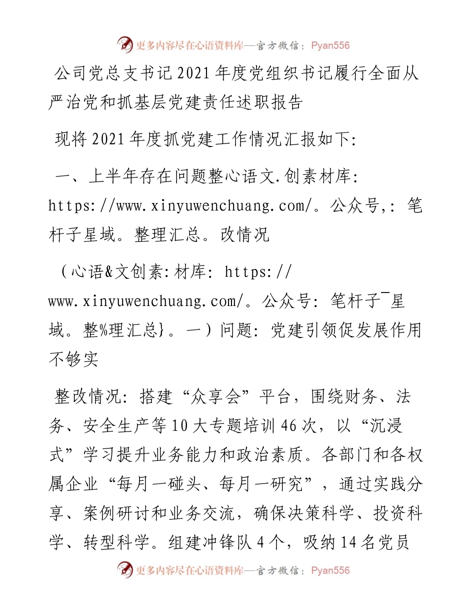 011911：公司党总支书记度党组织书记履行全面从严治党和抓基层党建责任述职报告.docx_第1页