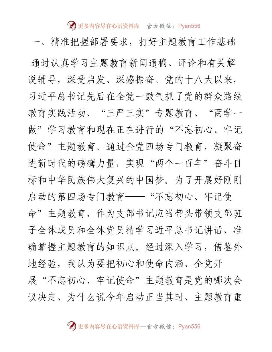 060603党支部学习不忘初心牢记使命主题教育工作会议精神研讨发言支部书记通用版.docx_第2页