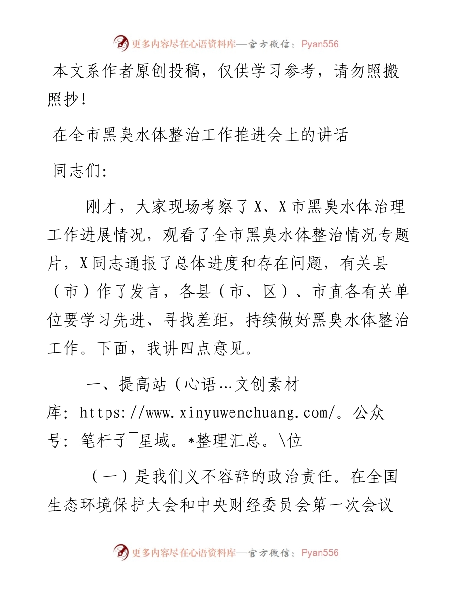 032607在全市黑臭水体整治工作推进会上的讲话.docx_第1页