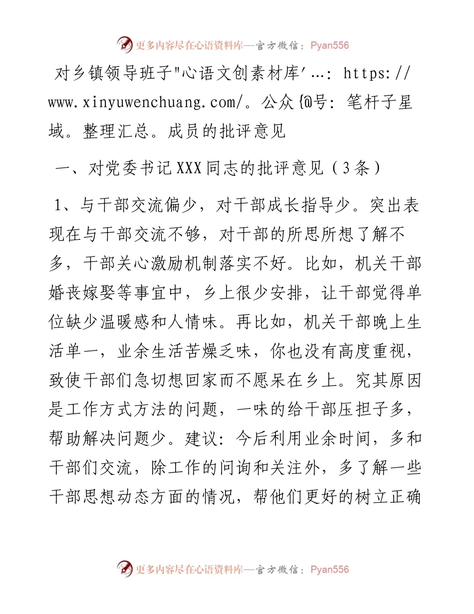 0816对乡镇领导班子成员的批评意见.docx_第1页