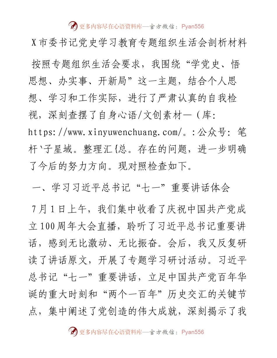 0803X市委书记党史学习教育专题组织生活会剖析材料.docx_第1页