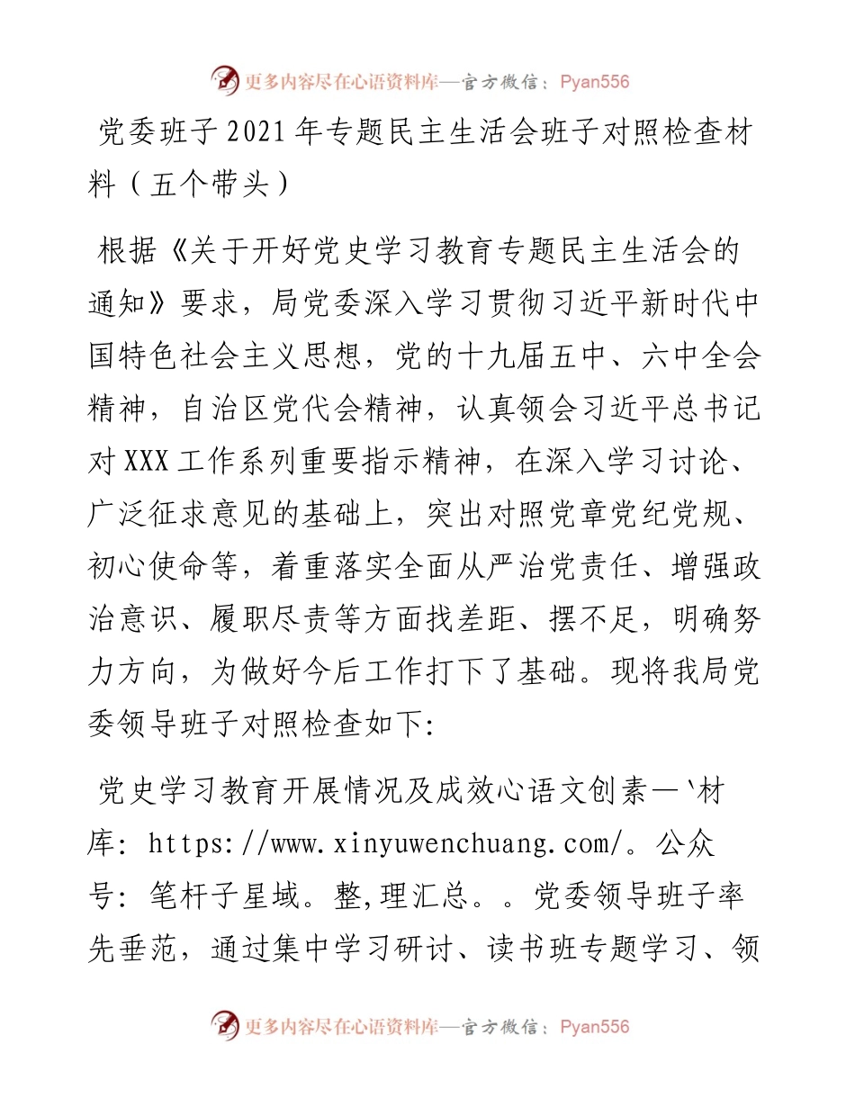 013108：党委班子专题民主生活会班子对照检查材料（五个带头）.docx_第1页