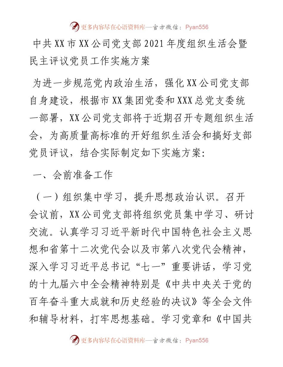 022333：中共XX市XX公司党支部度组织生活会暨民主评议党员工作实施方案.docx_第1页