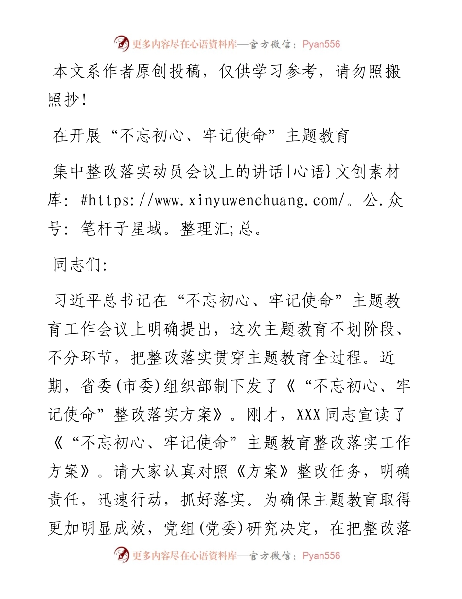 071906不忘初心牢记使命主题教育整改落实动员讲话.docx_第1页