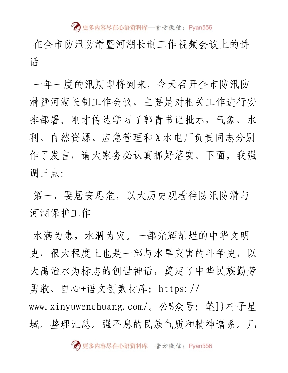 0456在全市防汛防滑暨河湖长制工作视频会议上的讲话.docx_第1页