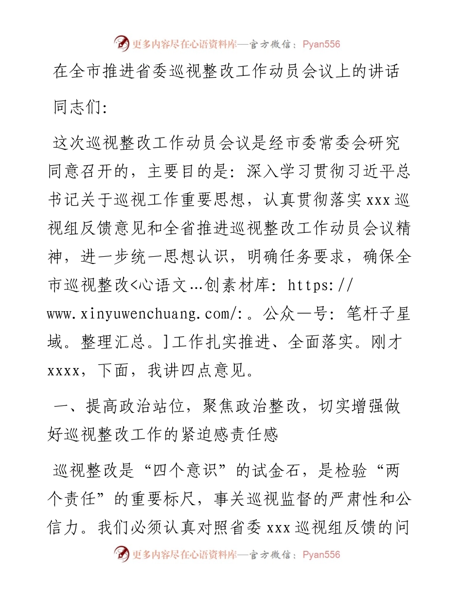 0803在全市推进省委巡视整改工作动员会议上的讲话.docx_第1页