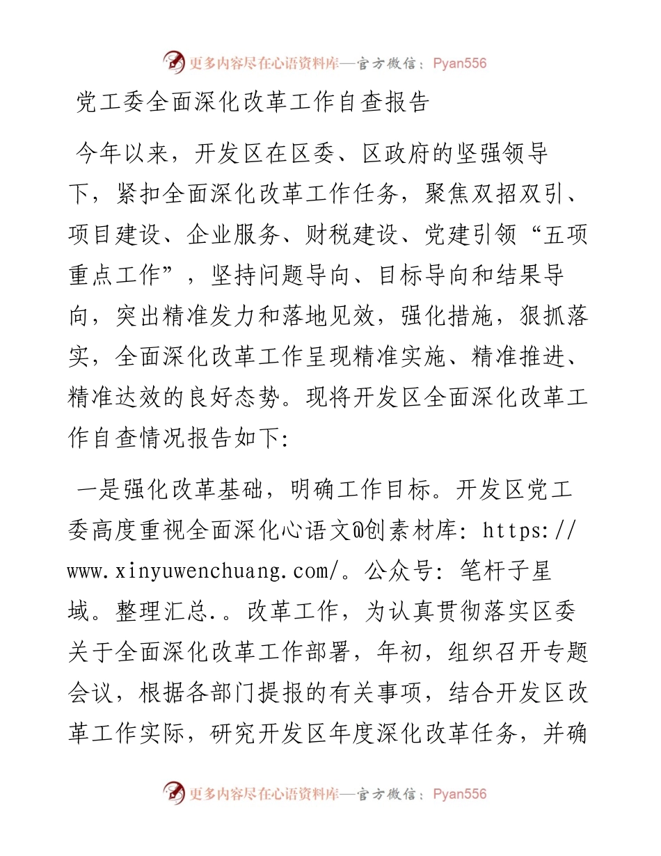 021808：党工委全面深化改革工作自查报告.docx_第1页