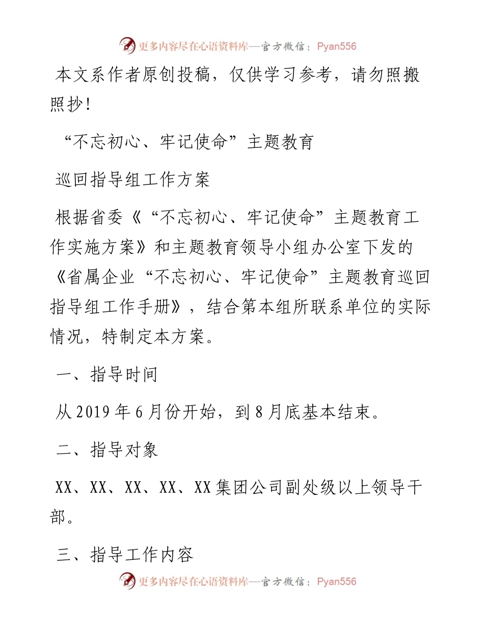 062808不忘初心牢记使命主题教育巡回指导组工作方案.docx_第1页