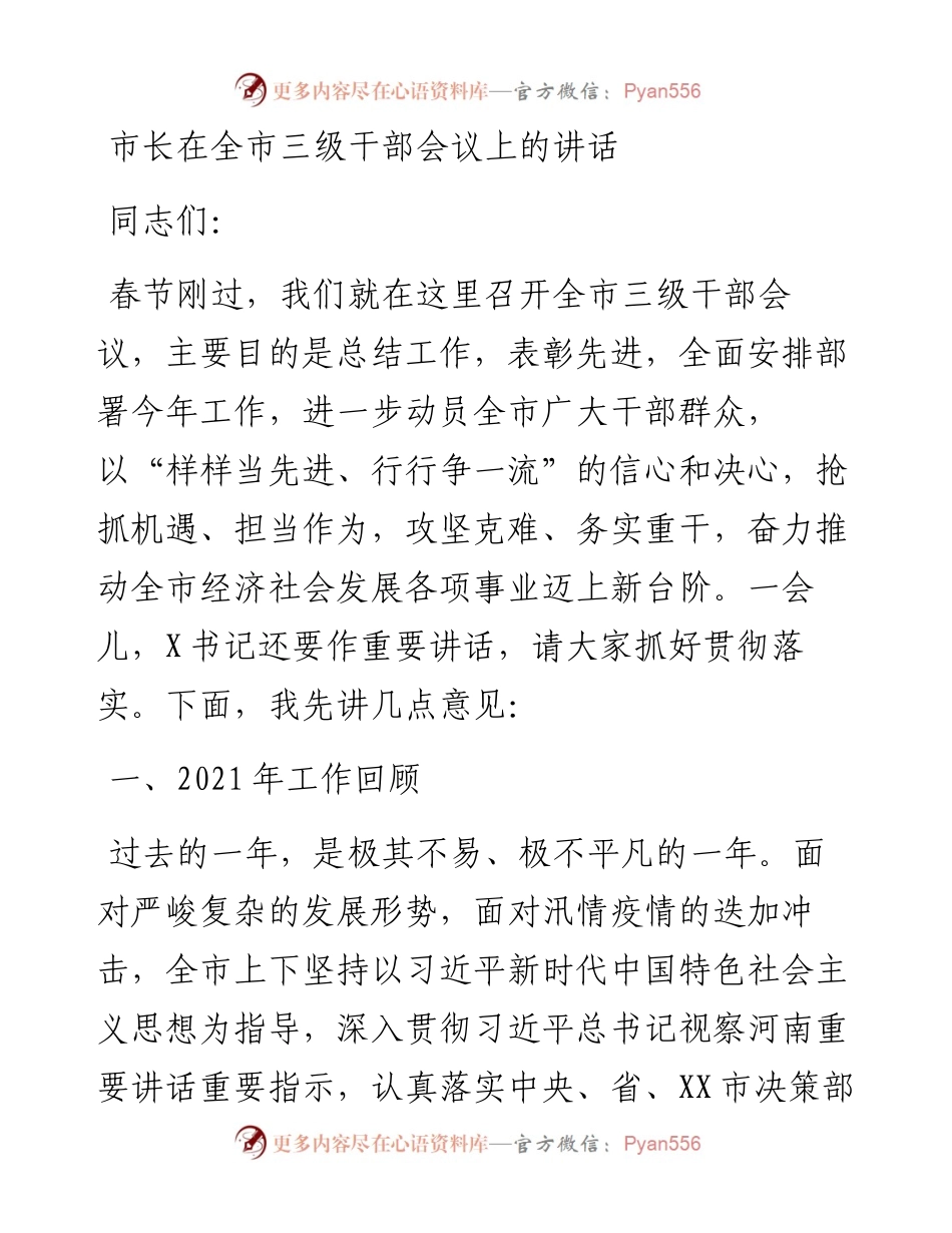 022323：市长在全市三级干部会议上的讲话.docx_第1页