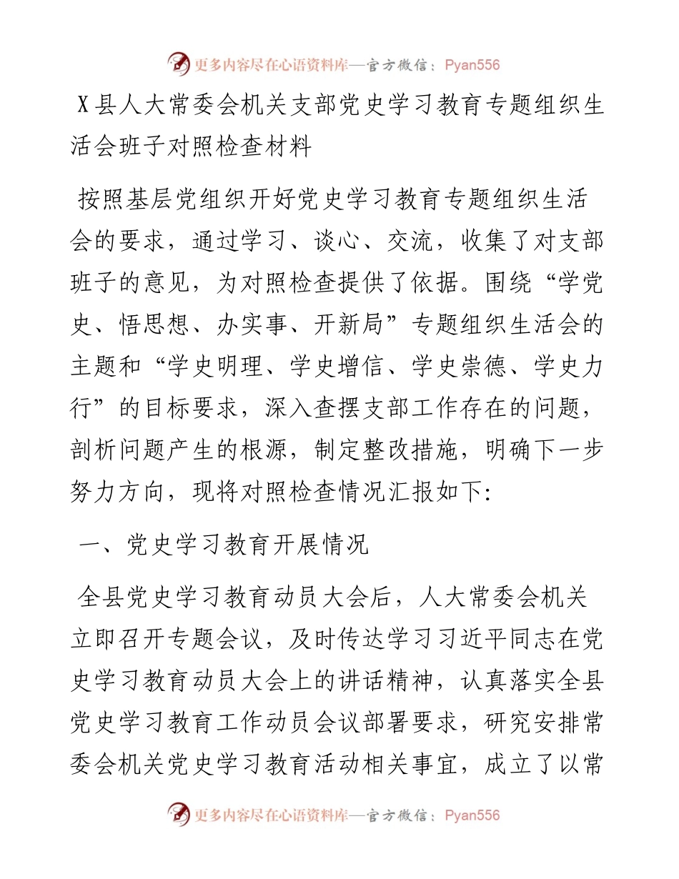 0801X县人大常委会机关支部党史学习教育专题组织生活会班子对照检查材料.docx_第1页