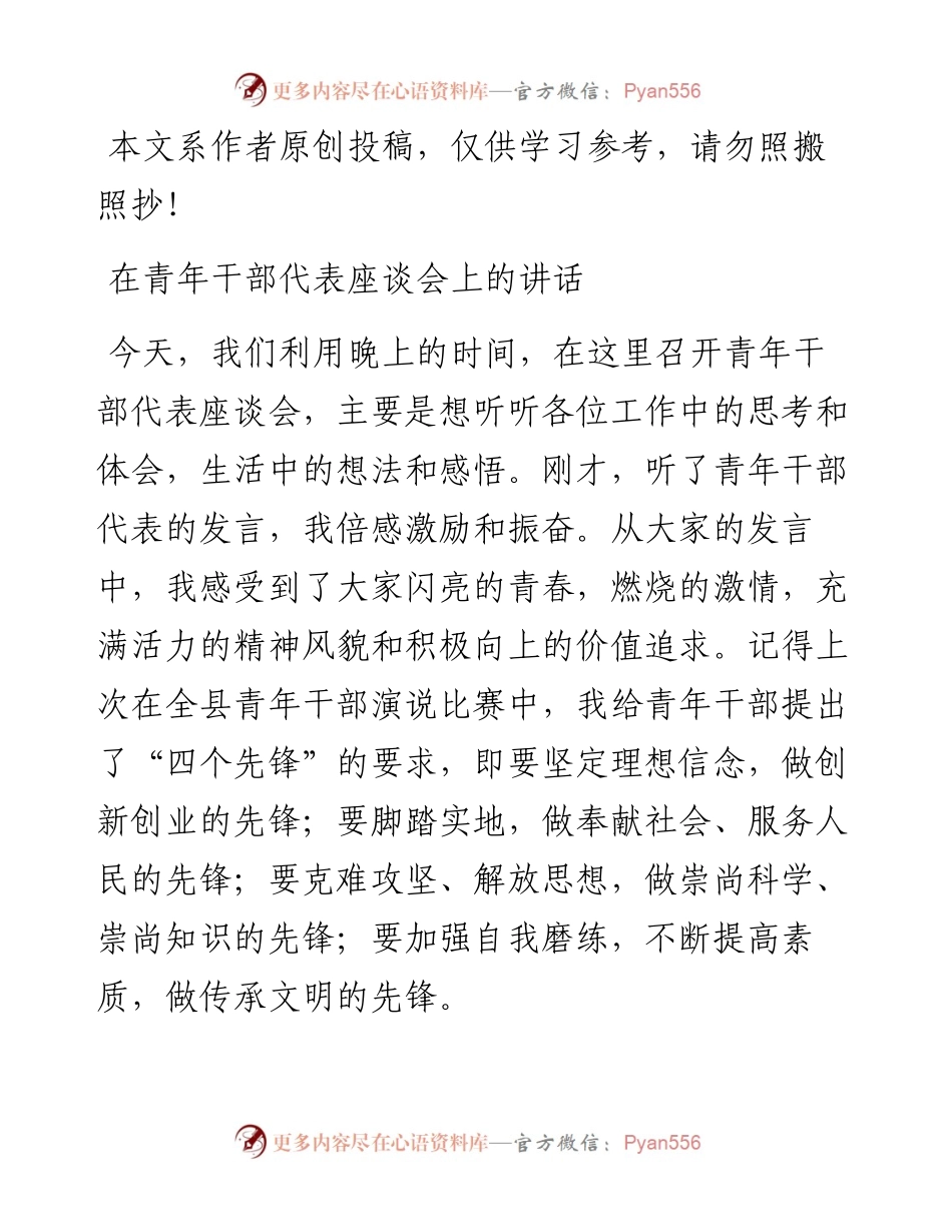 091906在青年干部代表座谈会上的讲话.docx_第1页
