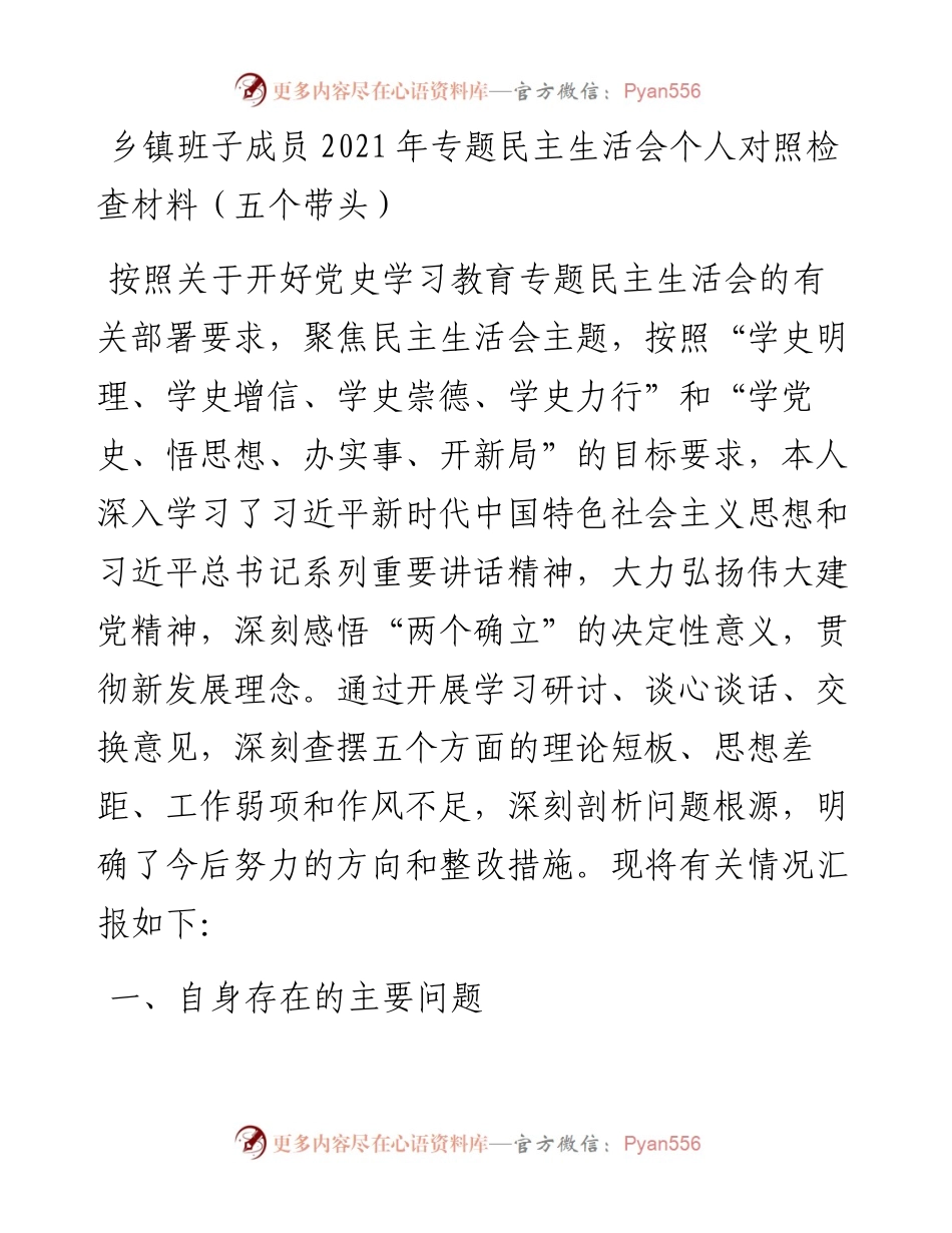 011725：乡镇班子成员专题民主生活会个人对照检查材料（五个带头）.docx_第1页