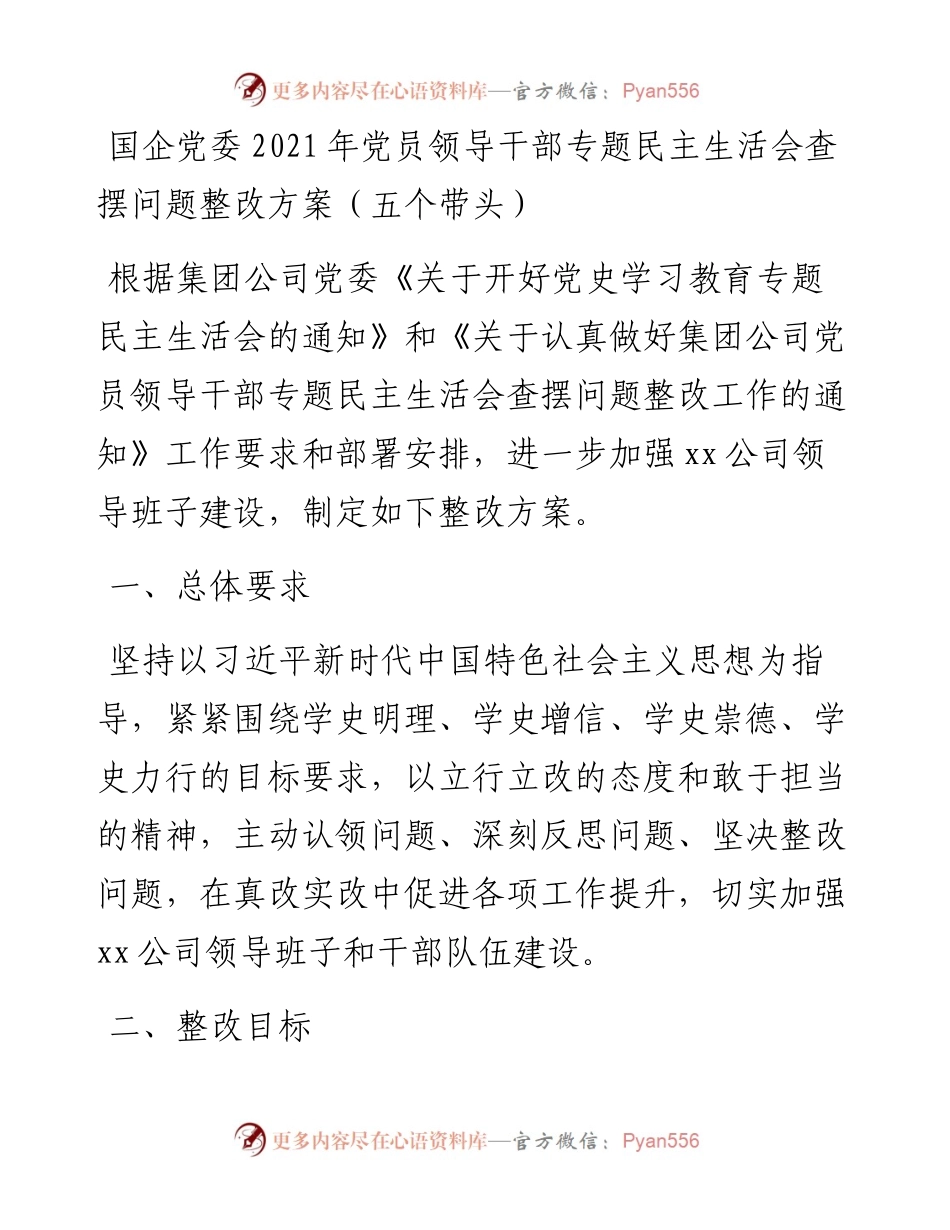 011929：国企党委党员领导干部专题民主生活会查摆问题整改方案（五个带头）.docx_第1页