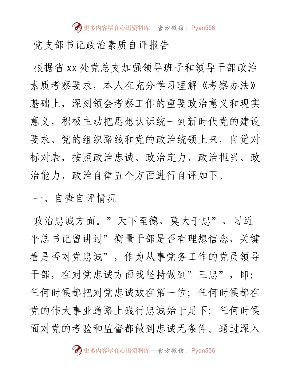 011611：党支部书记政治素质自评报告.docx_第1页